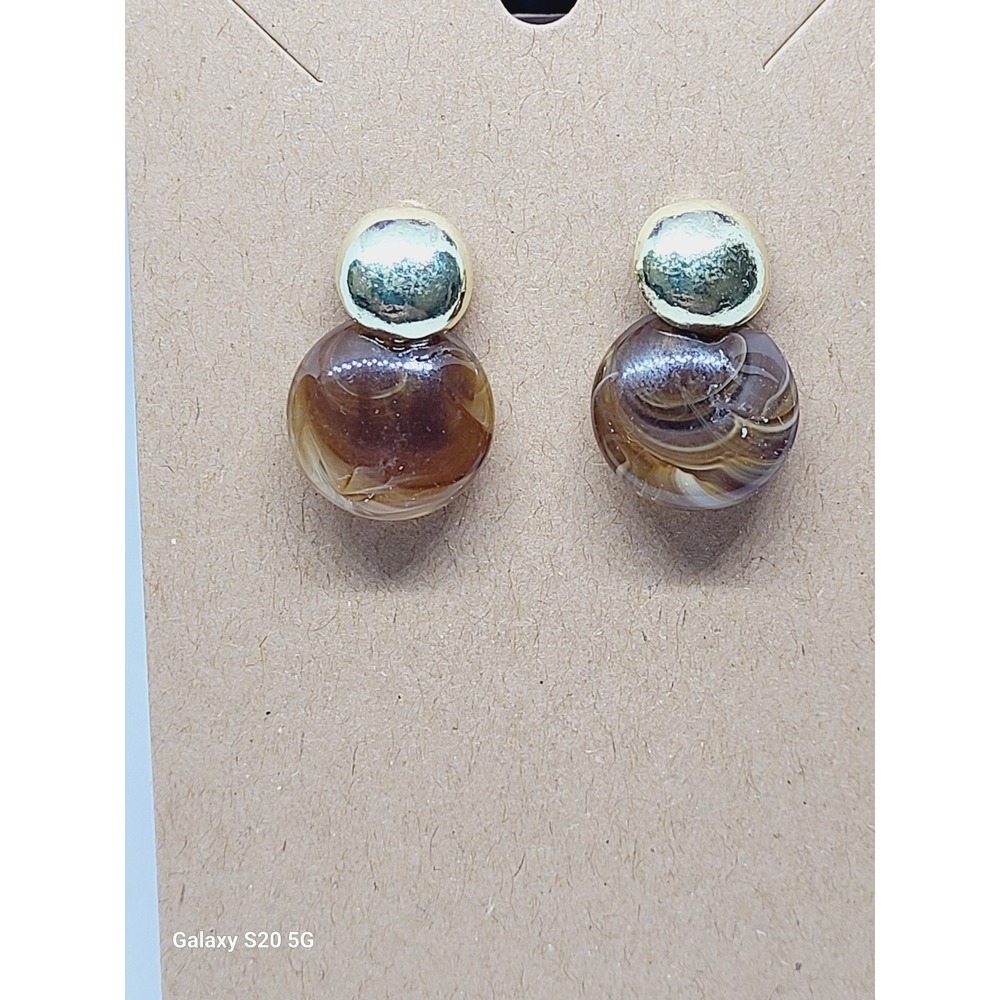 Gold Tone Brown Marbled‎ Resin Drop Post Earrings Vintage Style Round Studs